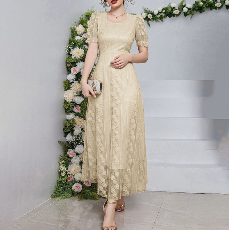 Elegantes Kurzarm Kleid Corin Knöchellang in Ivory mit Blumen Spitze