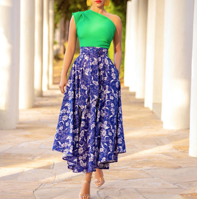 One Shoulder Patchwork Sommerkleid Elegant in Grün Blau mit Blumenmuster