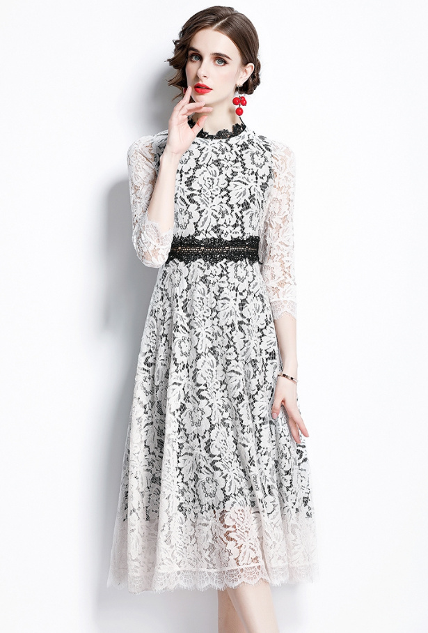 Elegantes Langarm Designer Vintage Style Kleid in Weiß mit Spitze