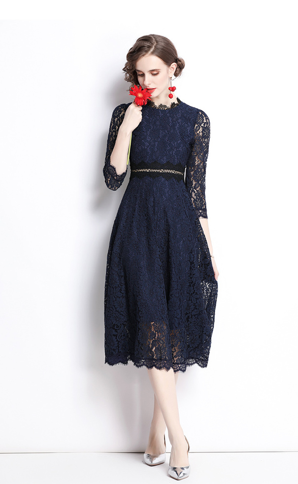Elegantes Langarm Designer Vintage Style Kleid in Navyblau mit Spitze