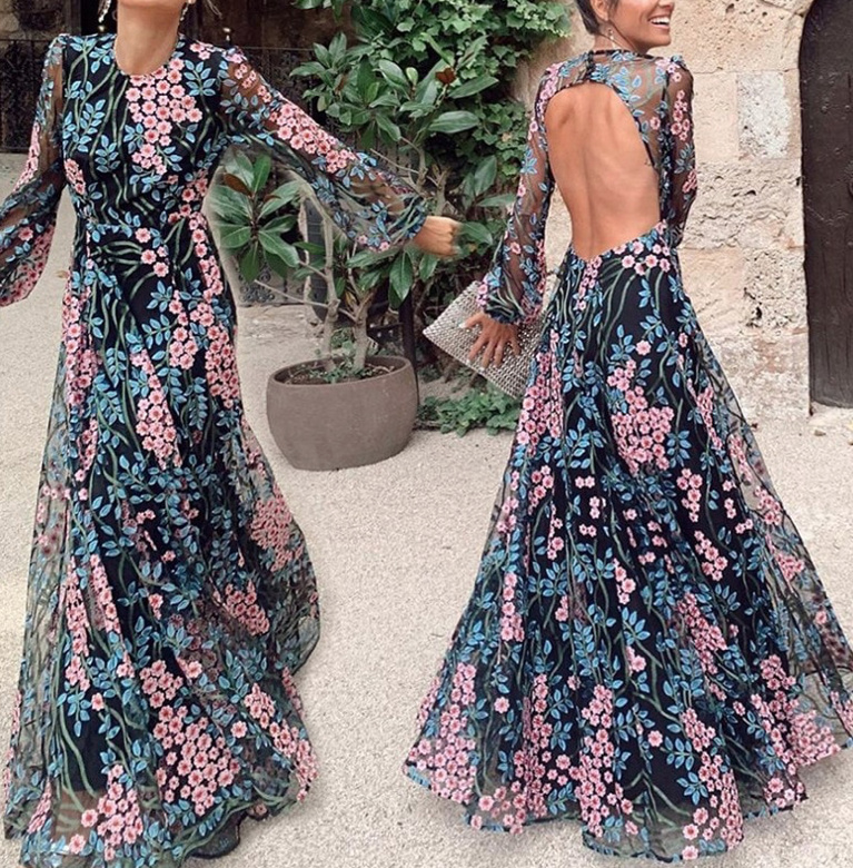Langarm Boho Style Chiffon Kleid Elegant mit Blumenmuster