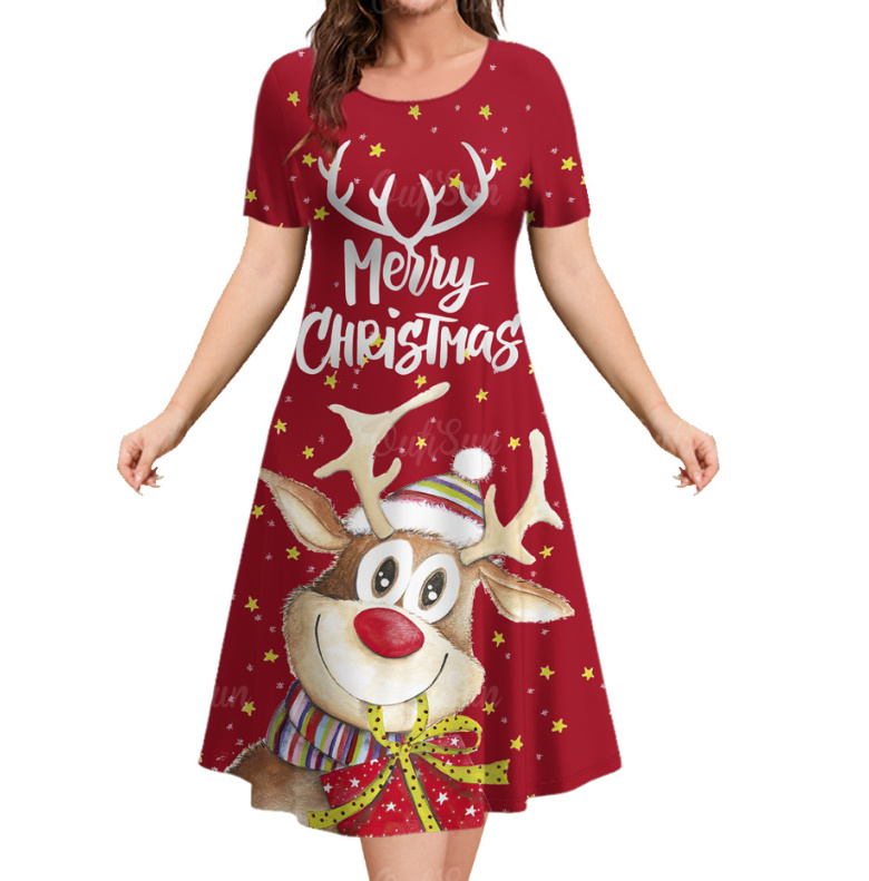  A Linie Kurzarm Merry Christmas Kleid zum Weihnachten mit Elch in Rot