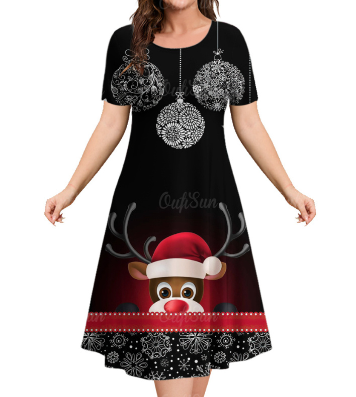  A Linie Kurzarm Merry Christmas Kleid zum Weihnachten mit Elch in Schwarz