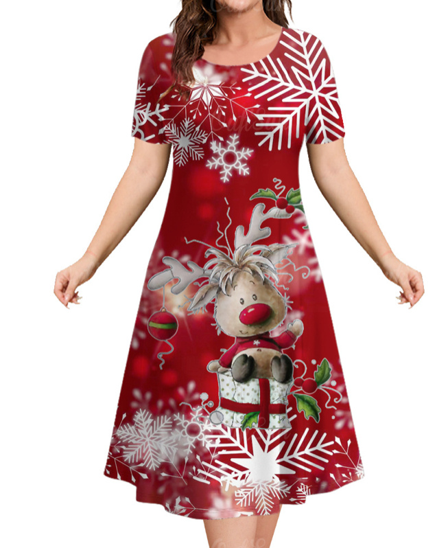 A Linie Kurzarm Merry Christmas Kleid zum Weihnachten mit Elch in Rot Wadenlang