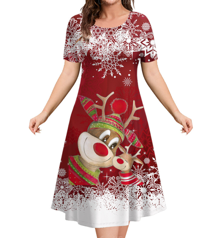  A Linie Kurzarm Merry Christmas Kleid zum Weihnachten mit Elch in Rot Weiß