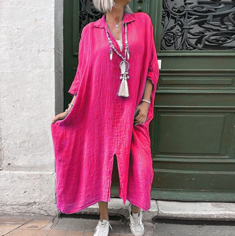 A-Linie Leinen Damen Kleid mit V Ausschnitt in Pink