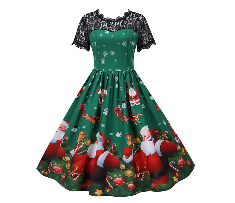 Vintage Kurzarm Weihnachtskleid Corina mit Spitze in Grün mit Nikolaus