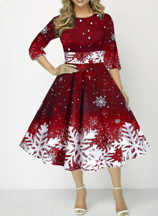  A Linie Vintage Style Weihnachtskleid In Rot mit Motive und Ärmel