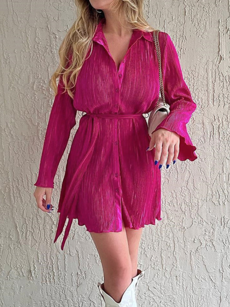 Langarm Mini Blusenkleid zum Binden in Pink