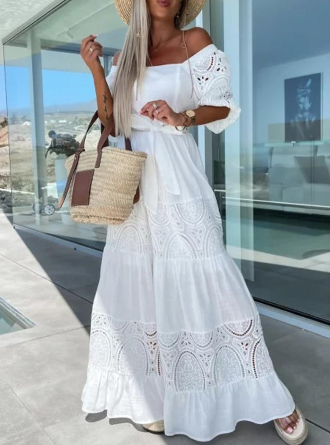 Langarm Maxi Boho Sommerkleid mit Schleife und Spitze in Weiß