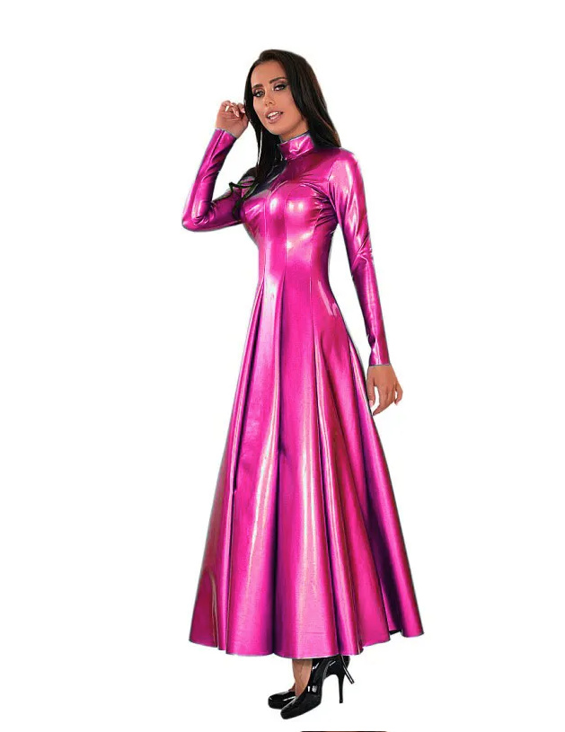  A Linie Langarm PU Leder Kleid Knöchellang in Pink