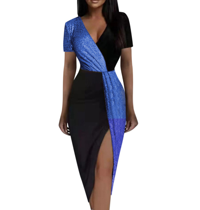Elegantes Kurzarm Bleistift Kleid mit Cut Out in Blau Schwarz Wadenlang