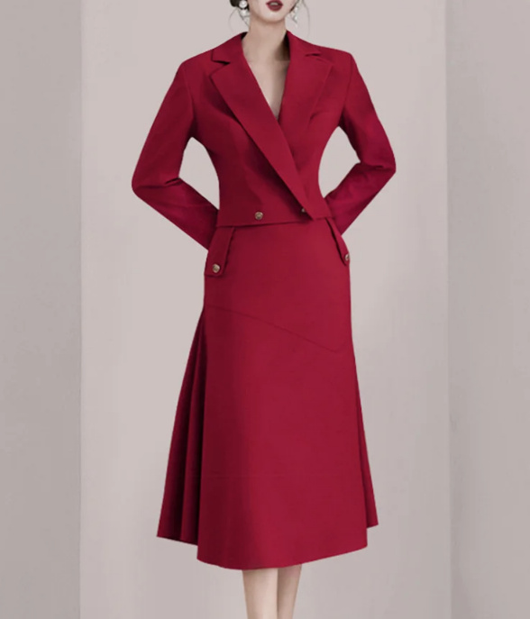 Elegantes A Linie Langarm Businesskleid in Rot mit V Ausschnitt Wadenlang