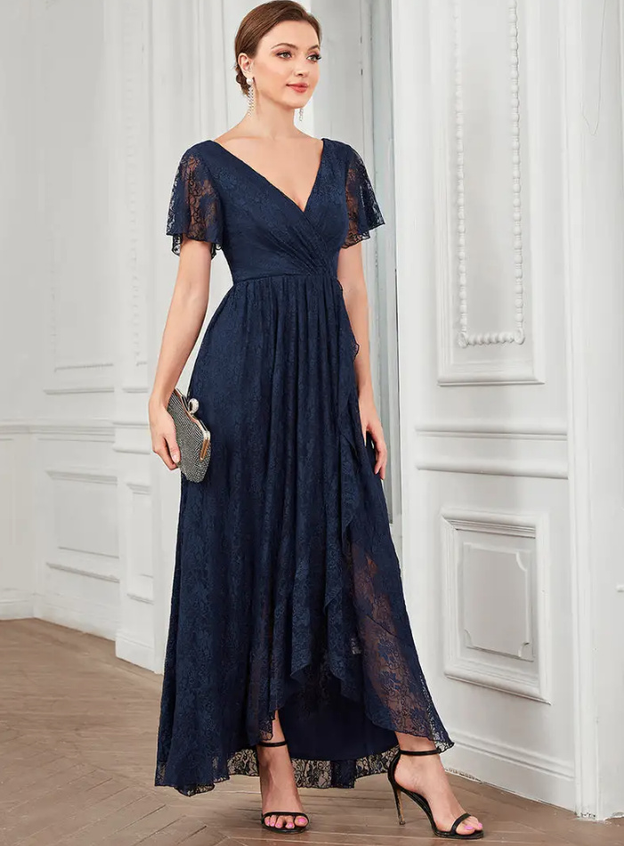  A Linie Kleid Elegant aus Spitze mit Flare Ärmeln in Marineblau