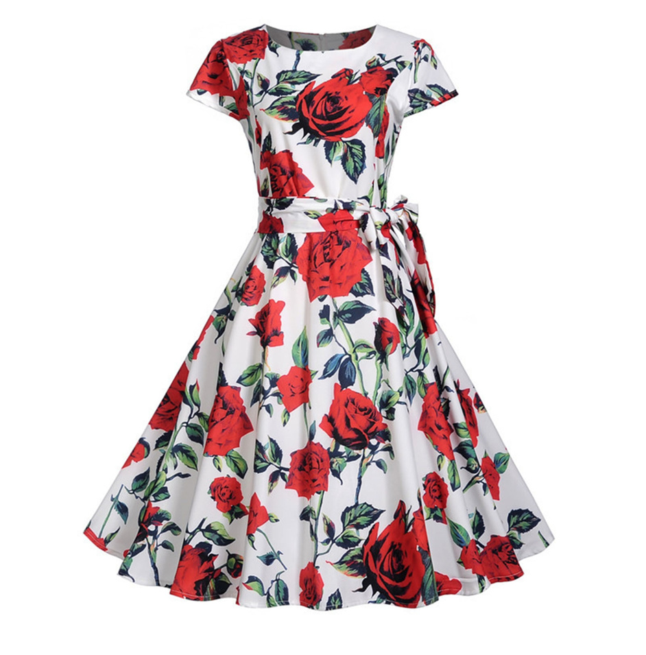 A Linie Rockabilly Kleid Wadenlang Kurzarm in Weiß mit Rote Rosen 
