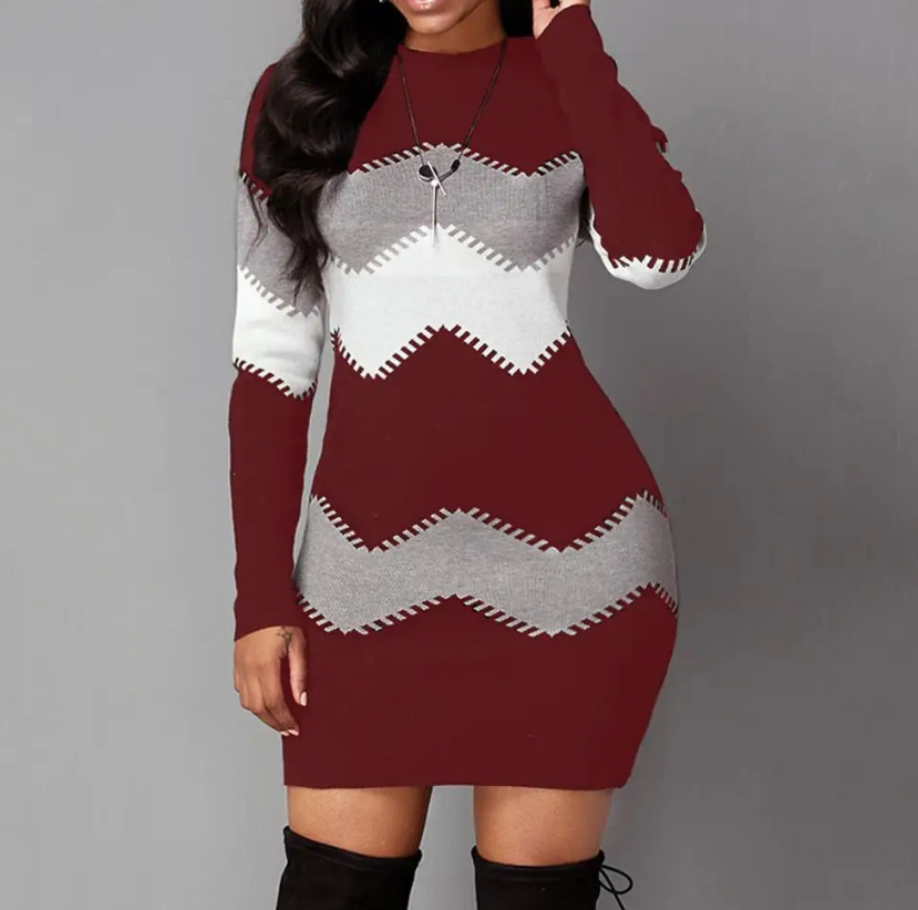 Mini Pulloverkleid Winterkleid mit Langarm Dunkelrot