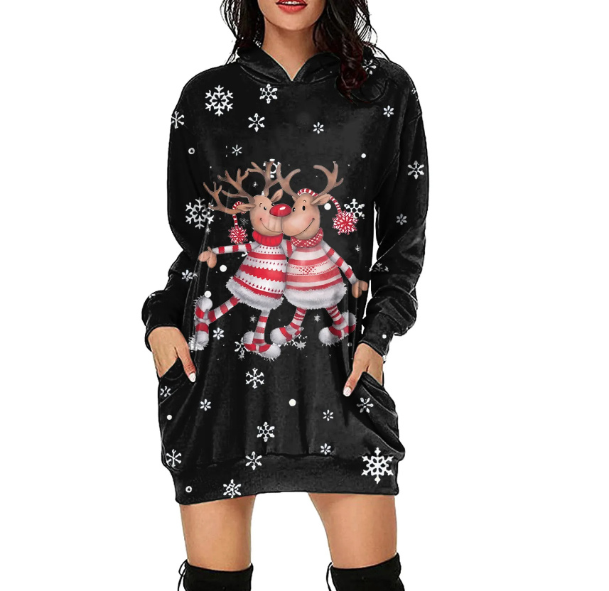 Kurzes Langarm Sweaterkleid mit Weihnachtsmotiv Zwei Elche Schwarz