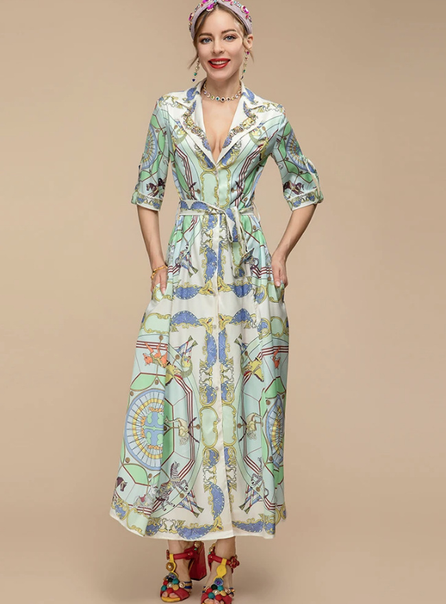  A Linie Sommerkleid Elegant mit Ärmel in Hellgrün mit Vintage Muster