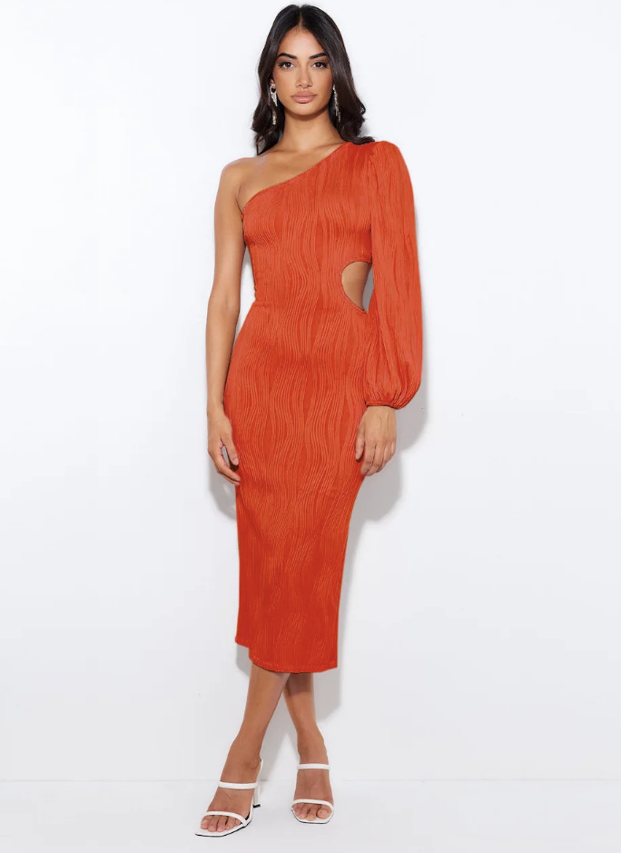 One Shoulder Langarm Kleid Sexy und Elegant Wadenlang Orange