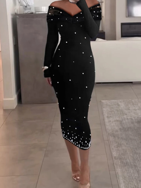 Schulterfreies Langarm Bleistift Kleid Elegant in Schwarz mit Perlen Wadenlang