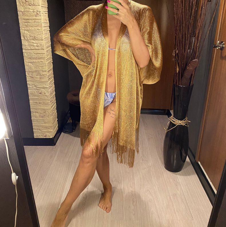 Glitzer Kimono Style Strandkleid in Gold mit Franzen