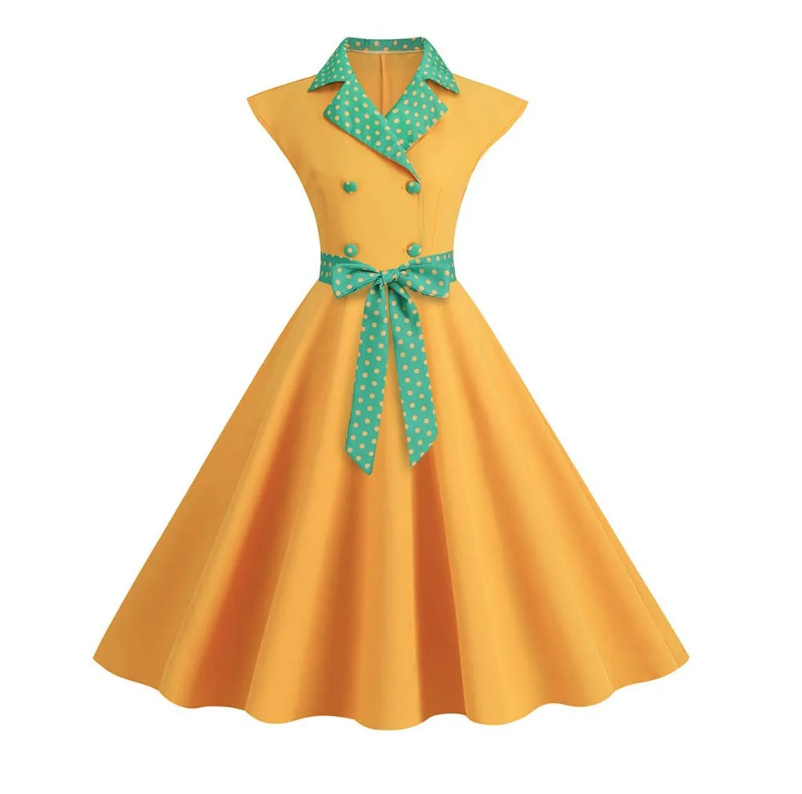 Kurzarm A Linie Rockabilly Kleid Knielang Gepunktet mit Schärpe Gelb Grün