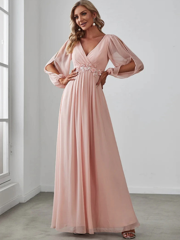  A Linie Langarm Chiffon Empire Abendkleid mit V Ausschnitt in Rosa