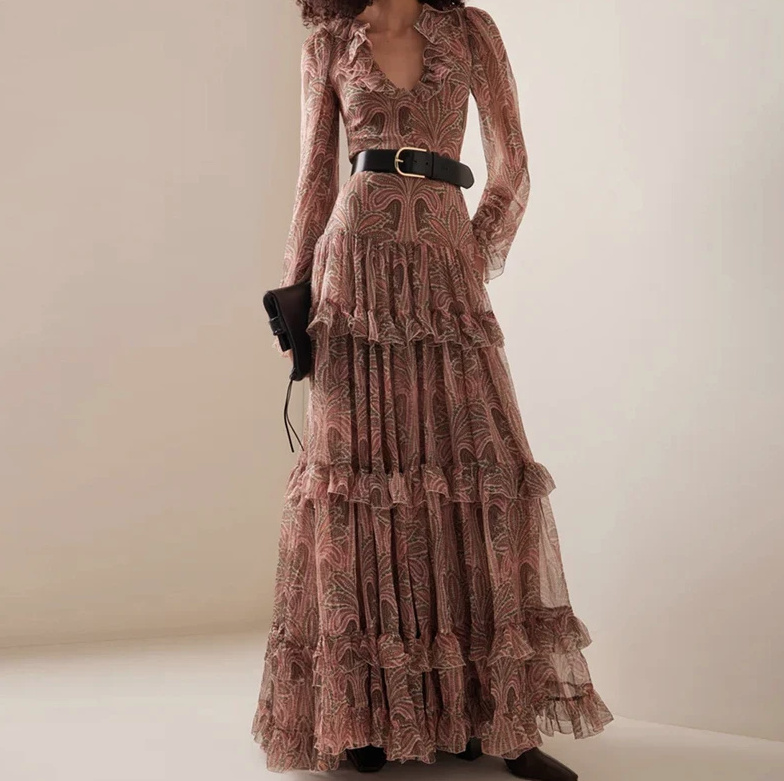 Langarm Chiffon Boho Kleid Elegant in Bronze Braun mit V Ausschnitt