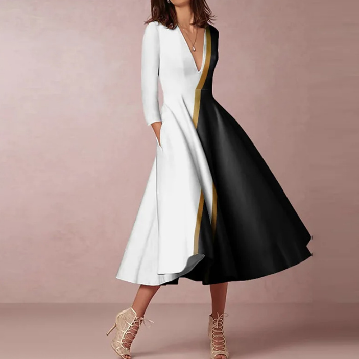Elegantes Langarm Kleid Wadenlang mit V Ausschnitt Schwarz Weiß