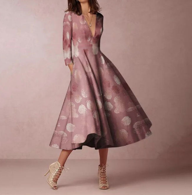 Elegantes Langarm Kleid Belinda Wadenlang mit V Ausschnitt in Lachs