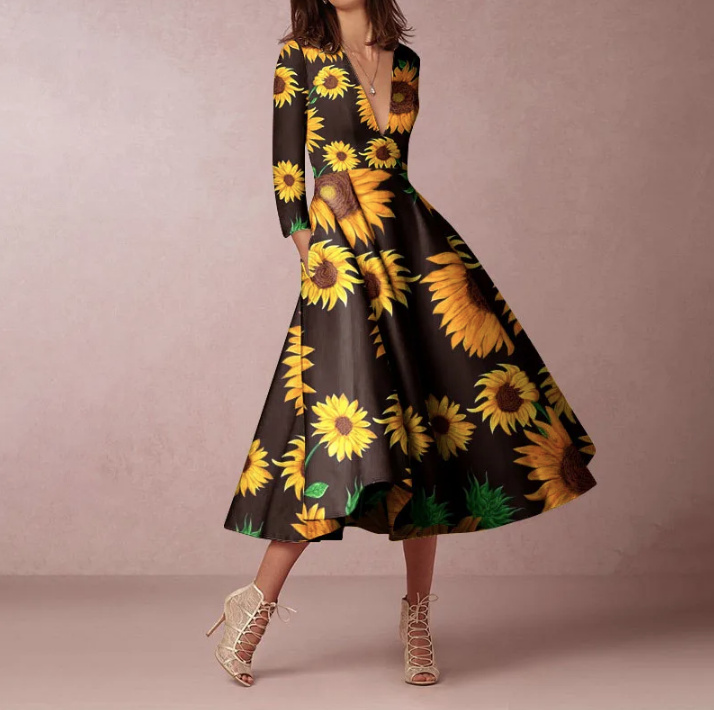 Elegantes Langarm Kleid Brenna Wadenlang mit V Ausschnitt in Dunkelbraun mit Sonnenblumen