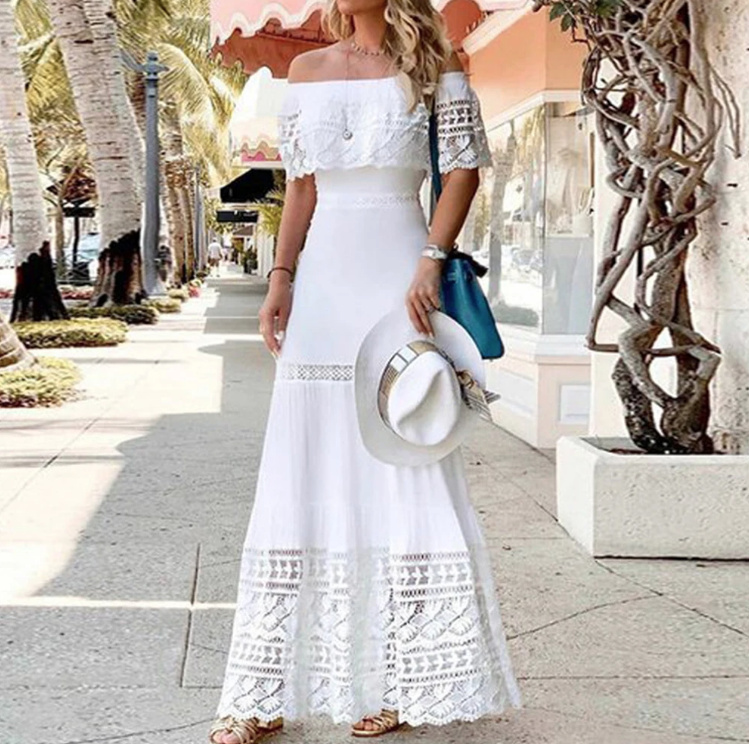 Schulterfreies A Linie Vintage Style Boho Kleid in Weiß