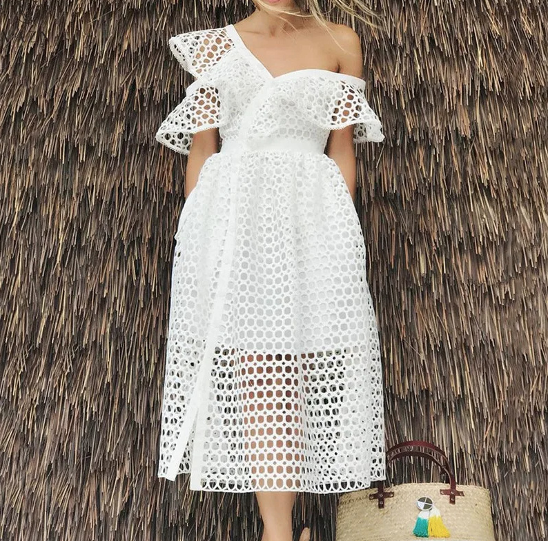 High Street Fashion Kurzarm Sommerkleid Standesamtkleid Elegant in Weiß