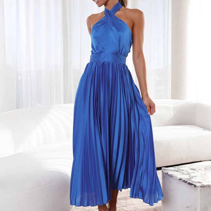 Neckholder Träger Plissee Satin Kleid Lari Elegant Wadenlang in Blau