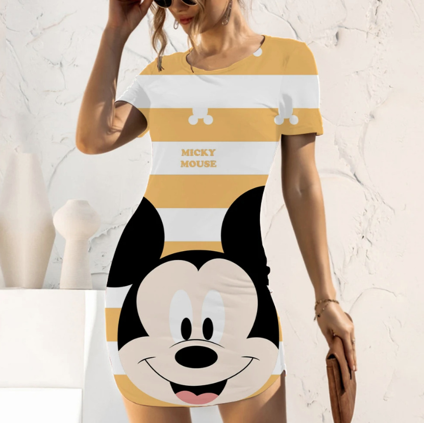 Disney Mode Cartoon Print Mickey Bleistift Sommerkleid in Gelb Weiß Gestreift