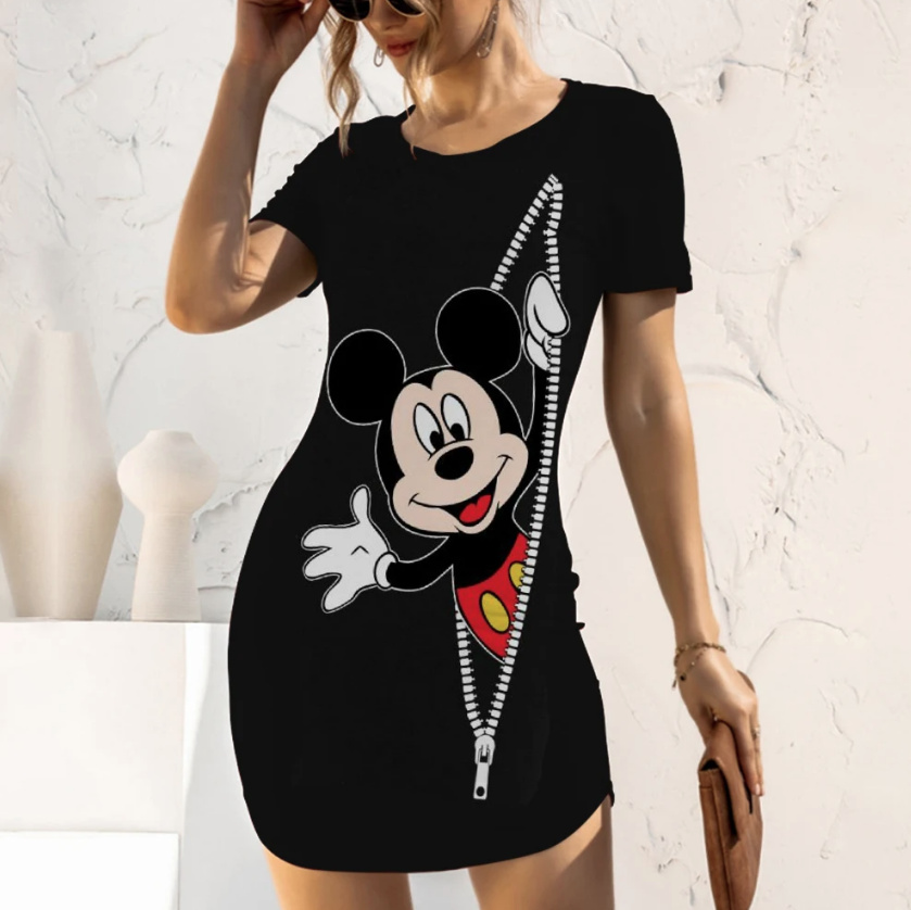 Disney Fashion Cartoon Print Mickey Bleistift Sommerkleid in Schwarz
