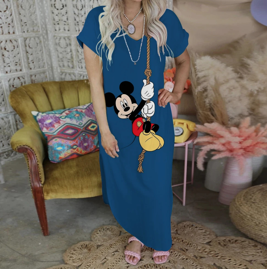 Disney Minnie Mickey Damen Maxi Kurzarm Sommerkleid Laureen Blau