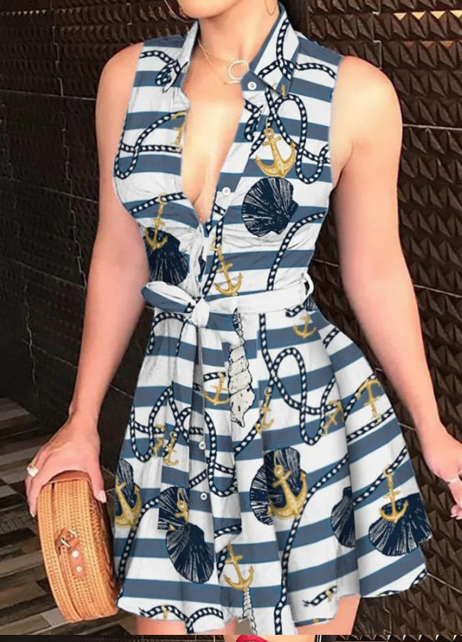 Ärmelloses Minikleid Sommerkleid Liane Blau Weiß mit Gürtel und Kragen