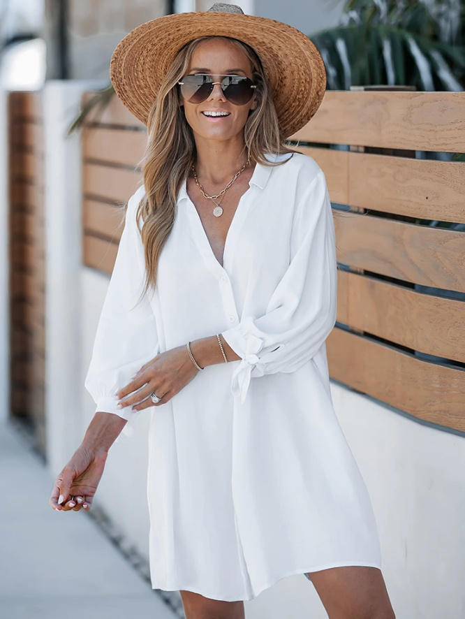 Langarm Cover Up Beach Strandkleid Blusenkleid Kurz in Weiß