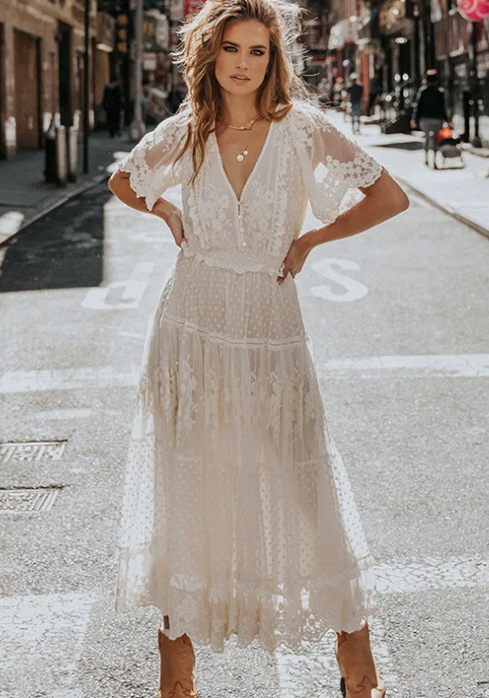 Kurzarm Boho Style Sommerkleid 2024 aus Spitze Weiß