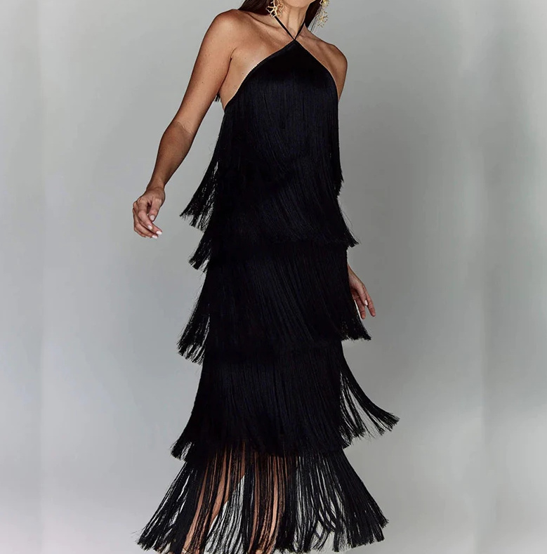 Gatsby Style Party Kleid mit Neckholder Träger Lang in Schwarz