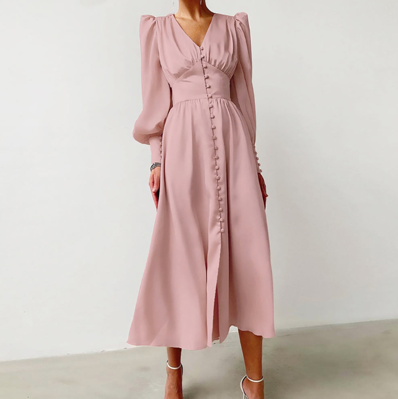 Elegantes A-Linie Satin Kleid mit Laternen Ärmel Wadenlang in Rosa