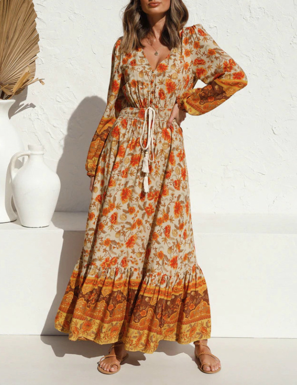 Langarm Boho Sommerkleid in Orange mit Blumenmuster Lang