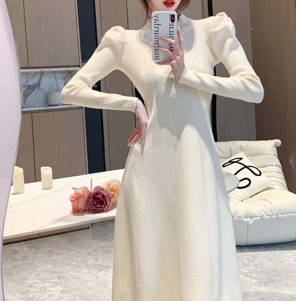 Langarm A-Linie Baumwoll Kleid für den Winter in Weiß Knöchellang 
