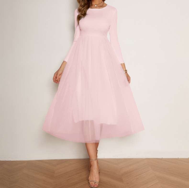 A-Linie Langarm Chiffon Kleid Elegant Wadenlang in Rosa