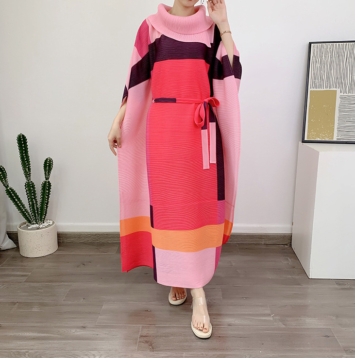 Color Block Maxi Kleid Lang mit Gürtel Rose Pink