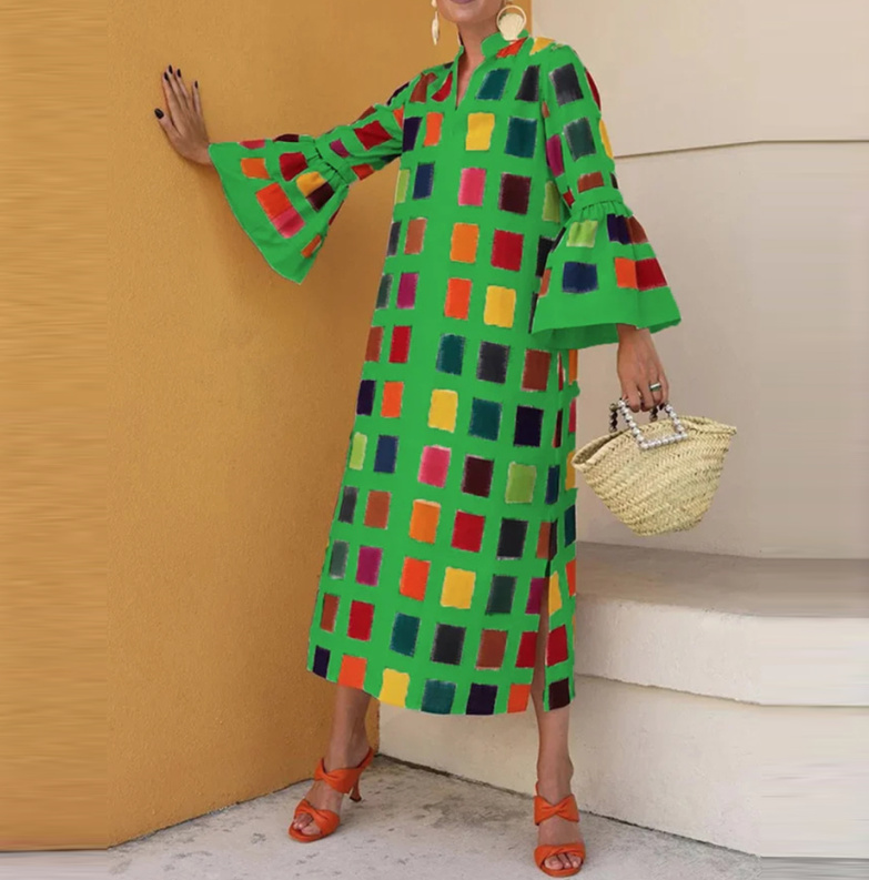 Color Block Maxi Kleid Wadenlang Elegant Grün Kariert