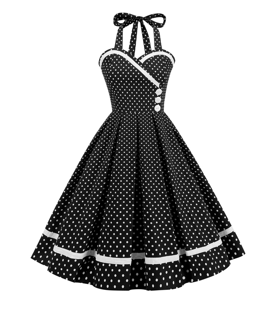 A Linie Rockabilly Kleid mit Neckholder Träger Knielang in Schwarz Gepunktet
