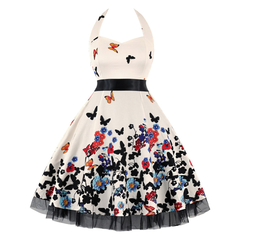 Neckholder Träger Rockabilly Kleid in Beige mit Schmetterlinge