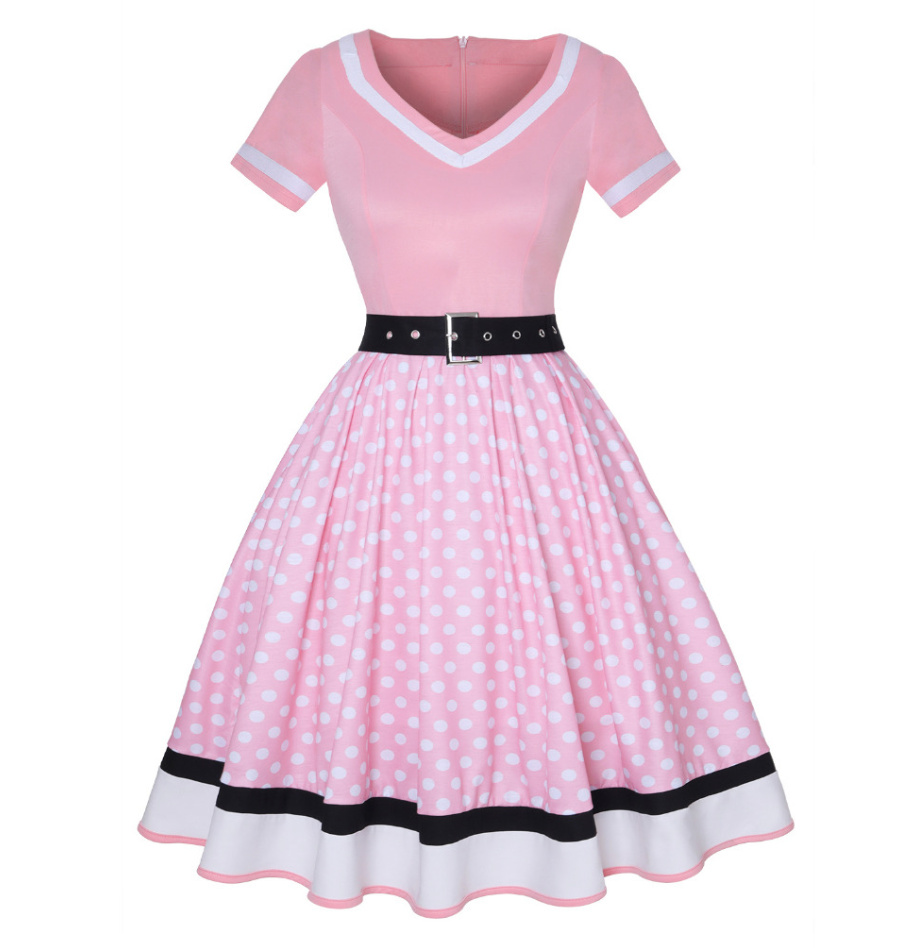 Vintage 50er Style Kurzarm Kleid in Rosa Gepunktet